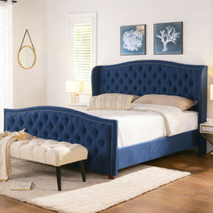 Marcella Upholstered Shelter Headboard Bed Set, King, Dark Sapphire Blue Woven