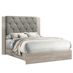 Contemporary 1pc Cream Finish Eastern King Size Bed Bedroom Furniture Gray Tufted Design Headboard Rubberwood 1pc Bedframe