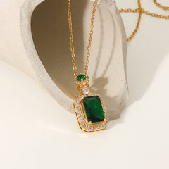 Vintage Green Square Zircon White Zirconium Trim Pendant Necklace Copper Set Zirconium Necklace Women's