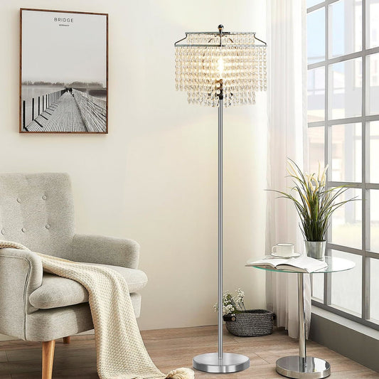 Crystal Floor Lamp, Modern Standing Lamps with Double-Layer Lampshade, Floor Lamps with On/Off Foot Switch, Tall Pole Lamp