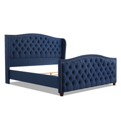 Marcella Upholstered Shelter Headboard Bed Set, King, Dark Sapphire Blue Woven