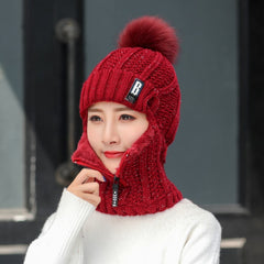 Coral Fleece Women Knitted Hats Add Fur Warm Winter Hats for Women with Zipper Scarf Keep Face Warmer Balaclava Pompoms Cap