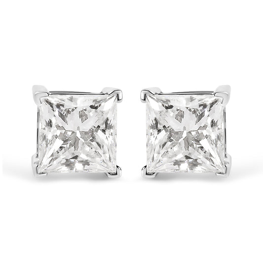 14K White Gold 1 1/2 Cttw Clarity Enhanced Princess Cut Diamond Solitaire Stud Earrings (I-J Color, I1-I2 Clarity)