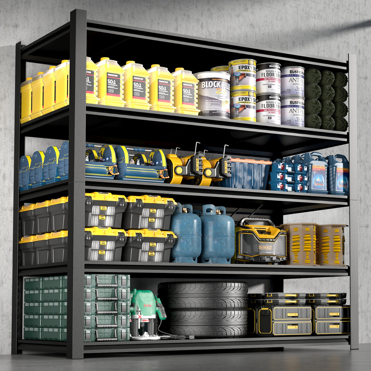 72.05 Inch Tall Black Metal Shelves with 5 Removable Dividers Are High Capacity and Load Bearing for Garages, Kitchens and Offices.