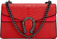 Crossbody Shoulder Square Purse For Women - Fashion Embossed Snake-Print Leather Handbag Metal Chain satchel Tote Bag