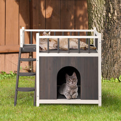 2-Story Wooden Feral Cat House Dog House for Outdoor and Indoor, Pet House with Stairs, Grey & White