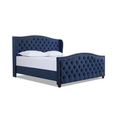 Marcella Upholstered Shelter Headboard Bed Set, King, Dark Sapphire Blue Woven