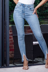 Light Blue Extreme Distressed Hem Skinny Jeans