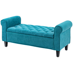 HOMCOM 50" Storage Ottoman Bench, Upholstered End of Bed Bench with Rolled Arms, Wood Legs, Button Tufted Storage Bench with Safety Hinges for Living Room, Entryway, Bedroom, Teal