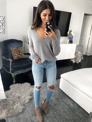 European and American sexy v-neck long-sleeved knitted wool solid color loose shirt women's clothing