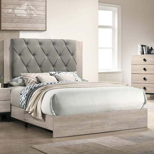 Contemporary 1pc Cream Finish Eastern King Size Bed Bedroom Furniture Gray Tufted Design Headboard Rubberwood 1pc Bedframe