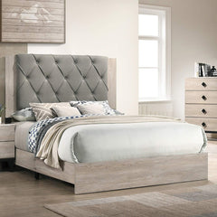 Contemporary 1pc Cream Finish Eastern King Size Bed Bedroom Furniture Gray Tufted Design Headboard Rubberwood 1pc Bedframe