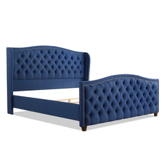 Marcella Upholstered Shelter Headboard Bed Set, King, Dark Sapphire Blue Woven