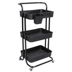 3 Tier Rolling Utility Cart Movable Storage Organizer with Mesh Baskets Lockable Wheels 360 Degree Rotatable Hanging Box Hooks Bedroom Bathroom Kitchen