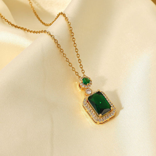 Vintage Green Square Zircon White Zirconium Trim Pendant Necklace Copper Set Zirconium Necklace Women's