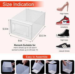 WAYTRIM Stackable Shoe Storage Boxes, 12 Pack Organizer for Closet Clear Plastic Stackable Space Saving Sneaker Drop Front Container Bins Fit to Size 13 - Clear White