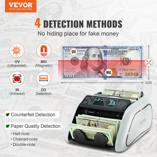 VEVOR Money Counter Machine, Bill Counter with UV, MG, IR and DD Counterfeit Detection, USD & EUR Cash Counting Machine with Large LCD & External Display for Small Business