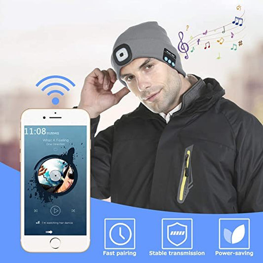 Unisex Bluetooth Beanie Hat with Light;  Built-in Speaker Mic;  Headlamp Cap with Headphones;  Tech Gift for Men Women