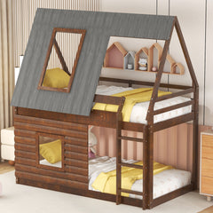 Wood Twin Size House Bunk Bed with Roof, Ladder and 2 Windows