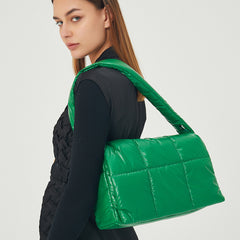 New Women Down-Filled Shoulder Bags Underarm Bags Soft Leather Air Cushion Ladies Handbbags Green Solid Plaid Stitching Hotsale