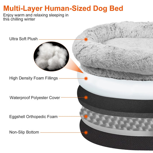 Human Size Dog Bed with Pillow Blanket 72.83x47.24x11.81in Bean Bag Bed Washable Removable Flurry Plush Cover Large Napping Human-Sized Bed For Adults Kids Pets