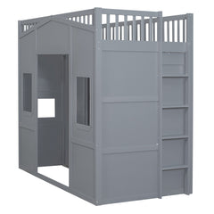 Twin Size House Loft Bed With Ladder and Wardrobe-Grey