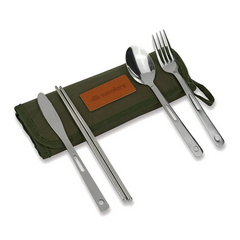 13 Piece Stainless Steel Family Cutlery Picnic Utensil Set with Travel Case for Camping | Hiking | BBQs - Includes Forks | Spoons | Knifes | Chopstick, Plus Nylon Commuter Case (Green)