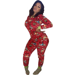 Autumn and Winter Women's Clothing Printed Christmas Long-sleeved Home Wear Jumpsuit