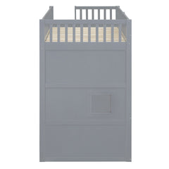 Twin Size House Loft Bed With Ladder and Wardrobe-Grey