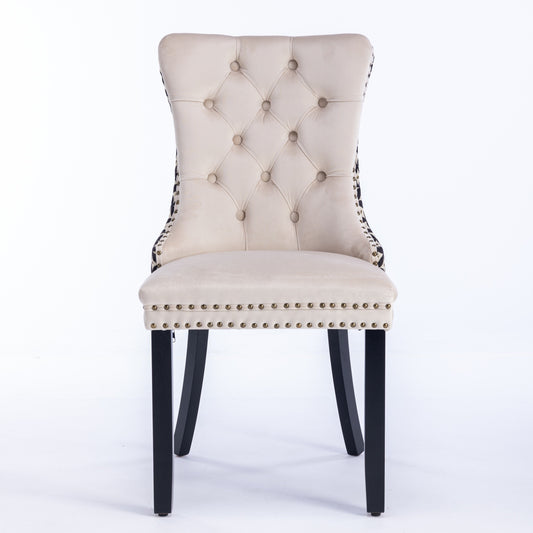 Classic Velvet Dining Chairs, High-end Tufted Solid Wood Contemporary Velvet Upholstered Dining Chair with Wood Legs Nailhead, SET OF 2,Beige and Patterned,SW2201BG