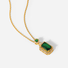 Vintage Green Square Zircon White Zirconium Trim Pendant Necklace Copper Set Zirconium Necklace Women's