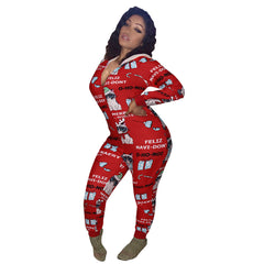 Autumn and Winter Hot Selling Casual Women's Clothing Hooded Christmas Print Home Wear V-neck Jumpsuit Women