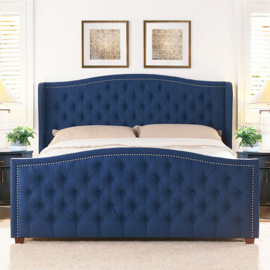 Marcella Upholstered Shelter Headboard Bed Set, King, Dark Sapphire Blue Woven