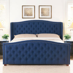 Marcella Upholstered Shelter Headboard Bed Set, King, Dark Sapphire Blue Woven