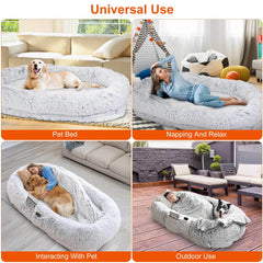 Human Size Dog Bed with Pillow Blanket 72.83x47.24x11.81in Bean Bag Bed Washable Removable Flurry Plush Cover Large Napping Human-Sized Bed For Adults Kids Pets