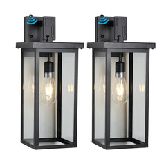 Set of 2 Modern Outdoor Wall Lanterns with Black Metal Frame and Clear Glass, Ambient light sensors,Weatherproof Wall Sconces for Porch, Garage, or Entryway Lighting, E26 Bulb Compatible