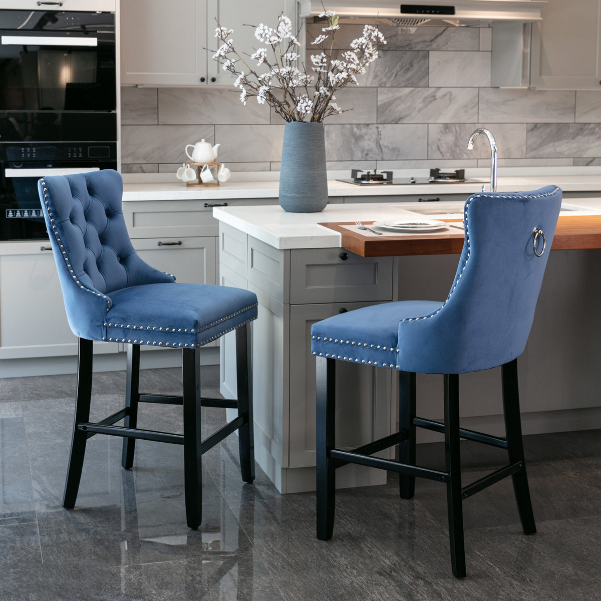 Contemporary Velvet Upholstered Barstools with Button Tufted Decoration and Wooden Legs, and Chrome Nailhead Trim, Leisure Style Bar Chairs,Bar stools, Set of 2 (Blue),SW2002BL