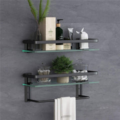 Glass Bathroom Shelf 15.7in Bathroom Shelf Wall Mounted Floating Glass Shelves with Towel Holder Glass Shower Shelf 2 Tier