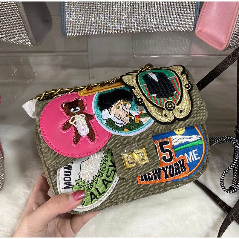 Handbags For Women 2022 New Green Denim Canvas Shoulder Bags Embroidery Pattern Cartoon Chain Bags Cute Ladies Flap Square Bags