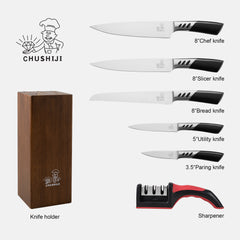 CHUSHIJI Knife Sets for Kitchen with Block and Sharpener 7-Pieces Premium Stainless Steel Kitchen Knife Sets with Block - Hard Wood Brown Knife Block Set