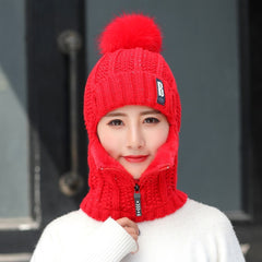 Coral Fleece Women Knitted Hats Add Fur Warm Winter Hats for Women with Zipper Scarf Keep Face Warmer Balaclava Pompoms Cap