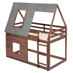 Wood Twin Size House Bunk Bed with Roof, Ladder and 2 Windows