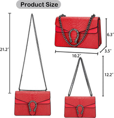 Crossbody Shoulder Square Purse For Women - Fashion Embossed Snake-Print Leather Handbag Metal Chain satchel Tote Bag