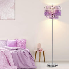 Crystal Floor Lamp, Modern Standing Lamps with Double-Layer Lampshade, Floor Lamps with On/Off Foot Switch, Tall Pole Lamp