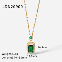 Vintage Green Square Zircon White Zirconium Trim Pendant Necklace Copper Set Zirconium Necklace Women's