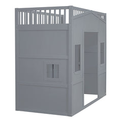 Twin Size House Loft Bed With Ladder and Wardrobe-Grey