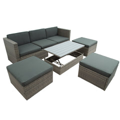 Patio Furniture Sets;  5-Piece Patio Wicker Sofa with Adustable Backrest;  Cushions;  Ottomans and Lift Top Coffee Table