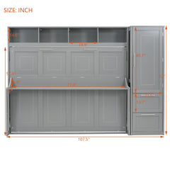 Full Size Murphy Bed Wall Bed with Closet and Drawers,Gray