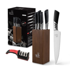 CHUSHIJI Knife Sets for Kitchen with Block and Sharpener 7-Pieces Premium Stainless Steel Kitchen Knife Sets with Block - Hard Wood Brown Knife Block Set