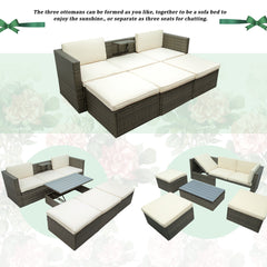 Patio Furniture Sets;  5-Piece Patio Wicker Sofa with Adustable Backrest;  Cushions;  Ottomans and Lift Top Coffee Table